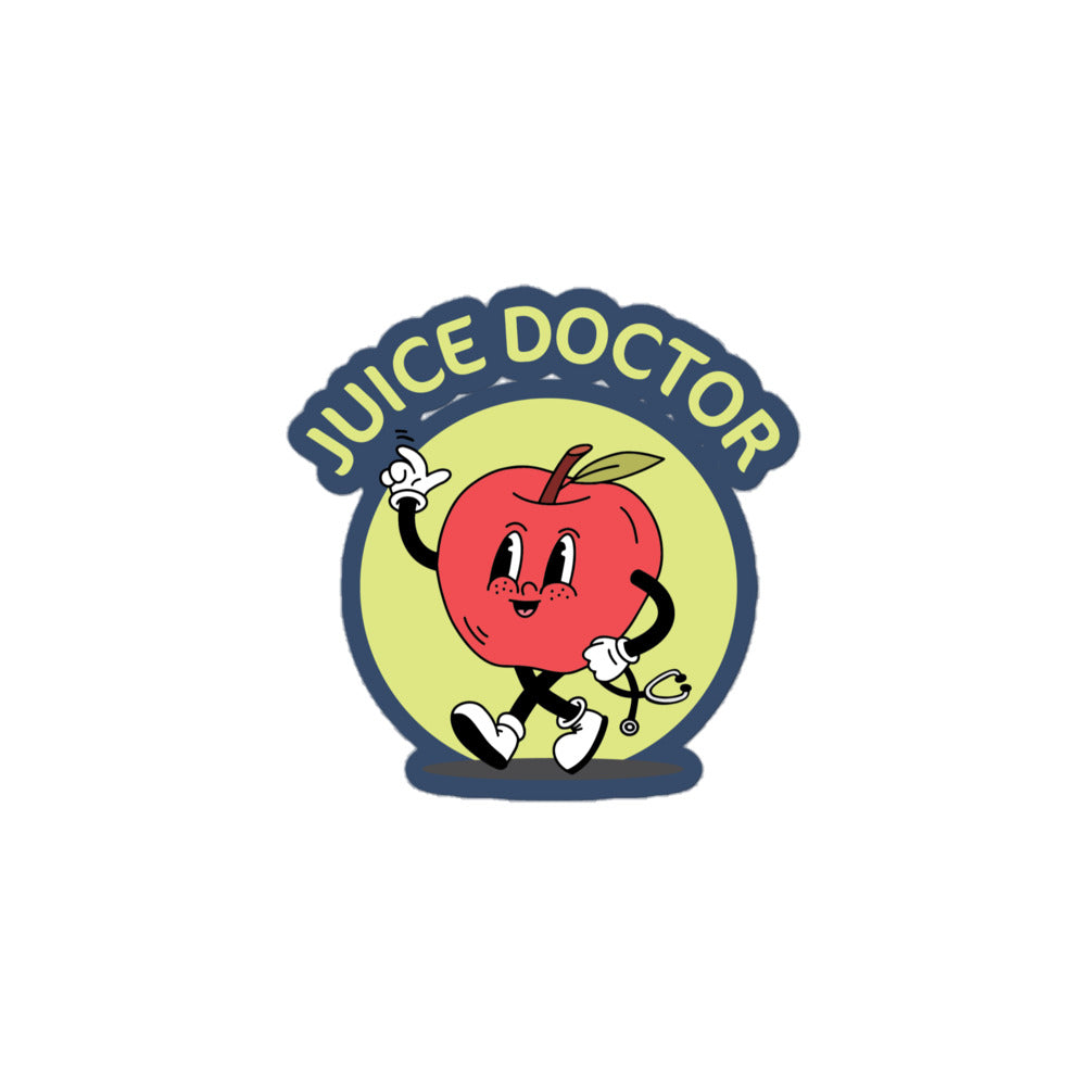 Juice Doctor logo sticker featuring a cheerful cartoon apple with a stethoscope. Bold retro design in red, navy, and green—perfect for branding or merch.
