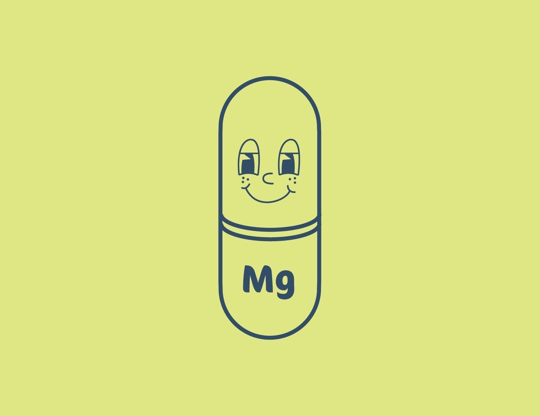 animated magnesium capsule with eyes and a smile on a yellow background