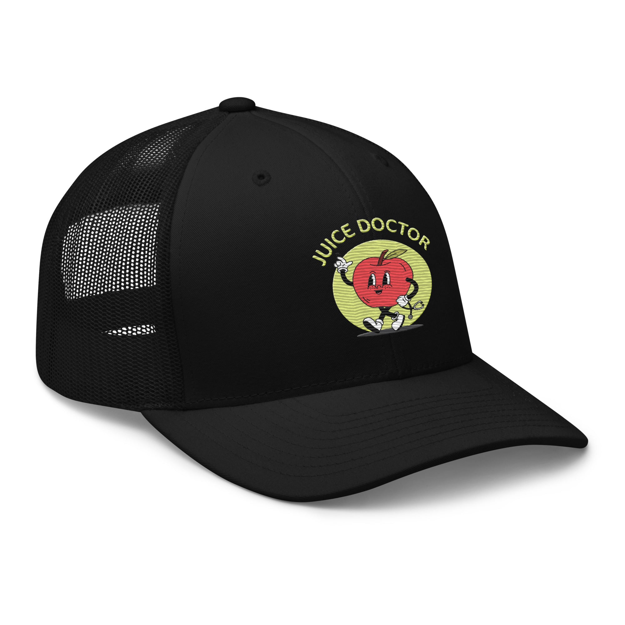 Black Juice Doctor retro trucker hat with colorful embroidered apple logo and yellow text. Features mesh back, curved brim, and classic snapback fit.