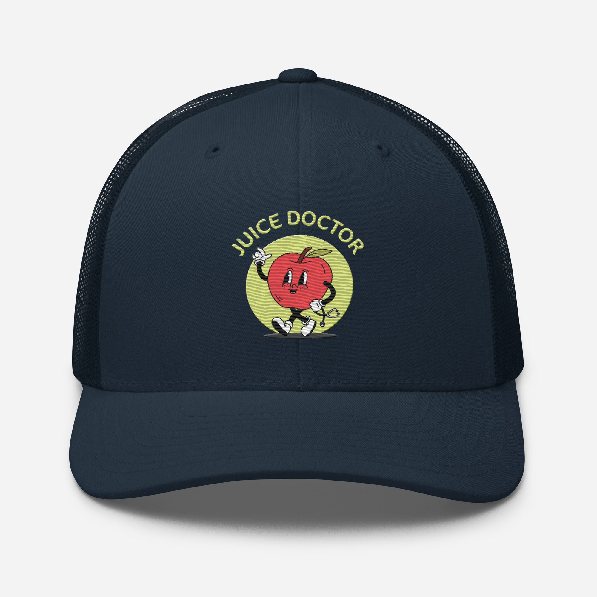 Navy Juice Doctor retro trucker hat with embroidered red apple logo and yellow text. Classic mesh back and curved bill for breathable, everyday style.