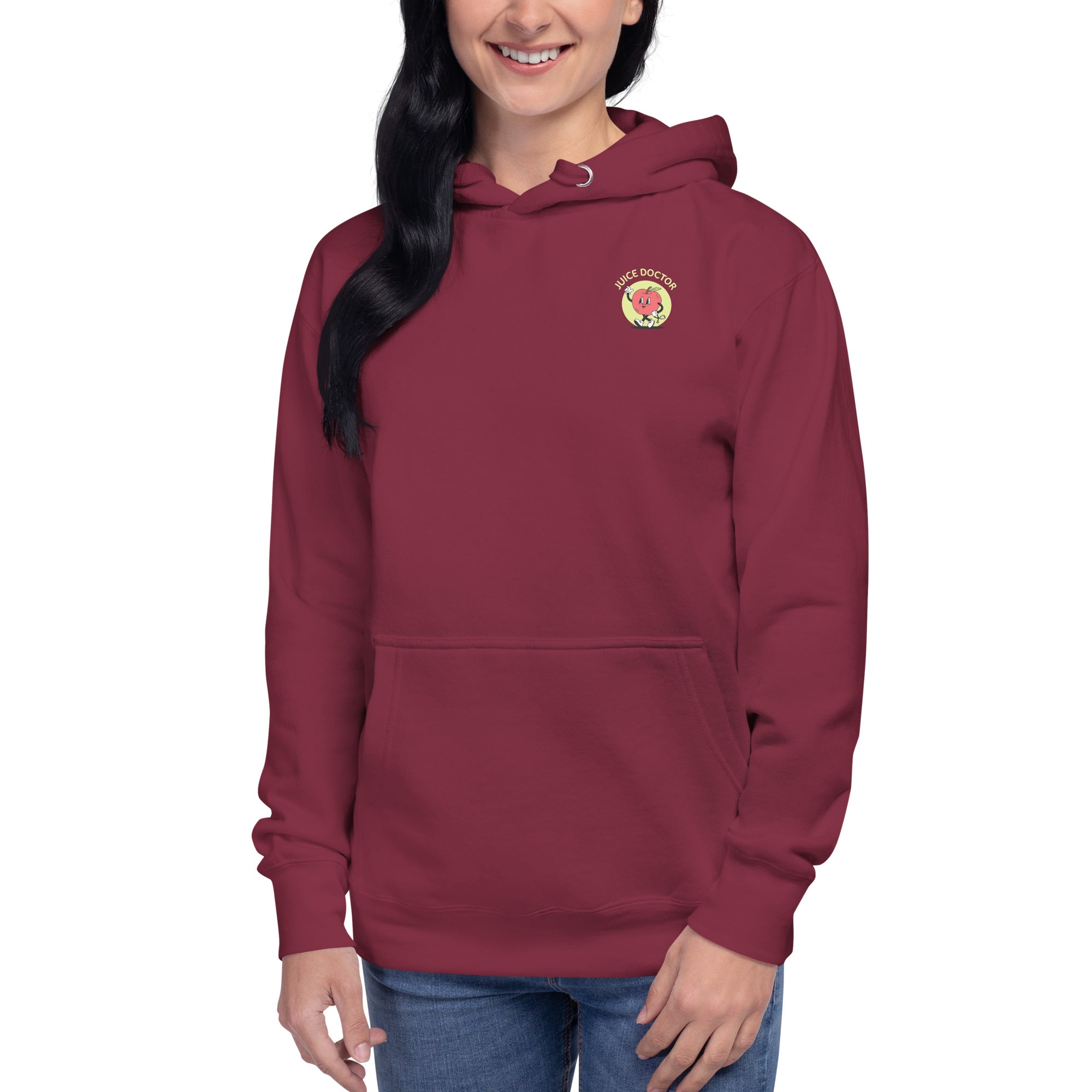Model wearing maroon Juice Doctor unisex premium hoodie with small embroidered logo on chest. Soft, cozy fit with front pocket and drawstring hood.