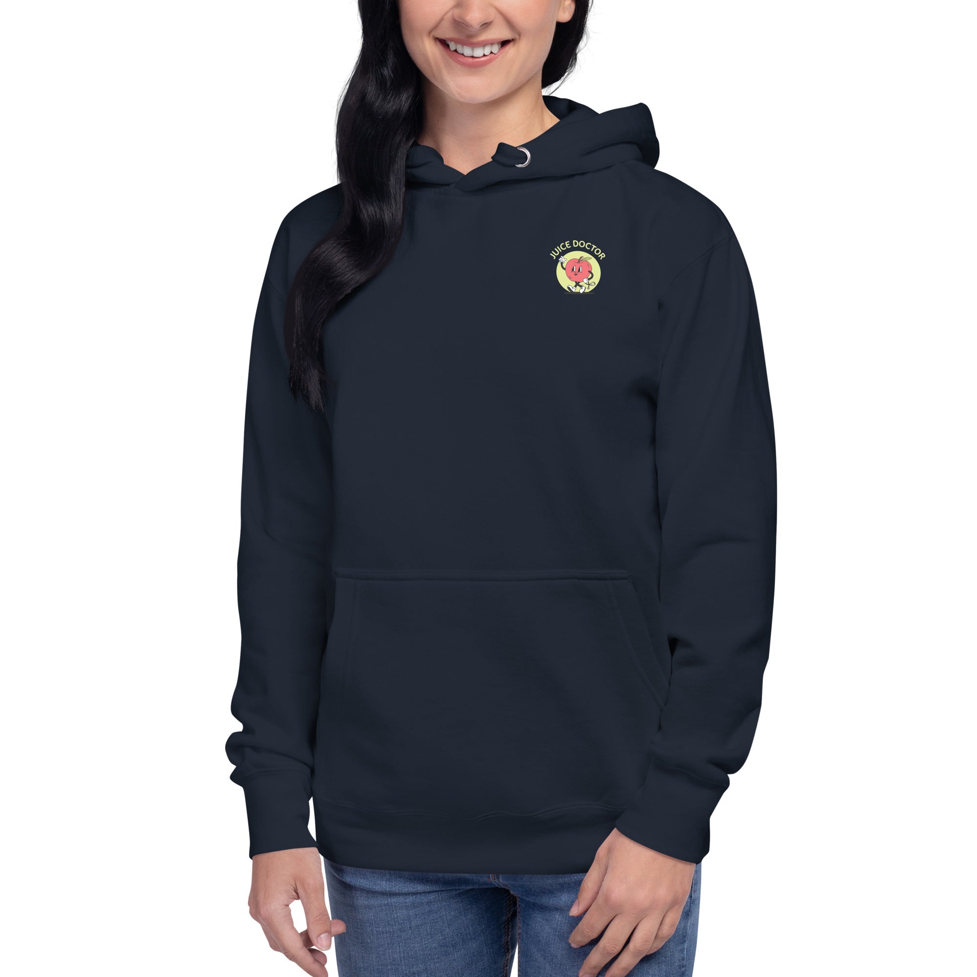 Model wearing navy Juice Doctor unisex premium hoodie with embroidered chest logo. Features a cozy fit, front pocket, and adjustable drawstring hood.
