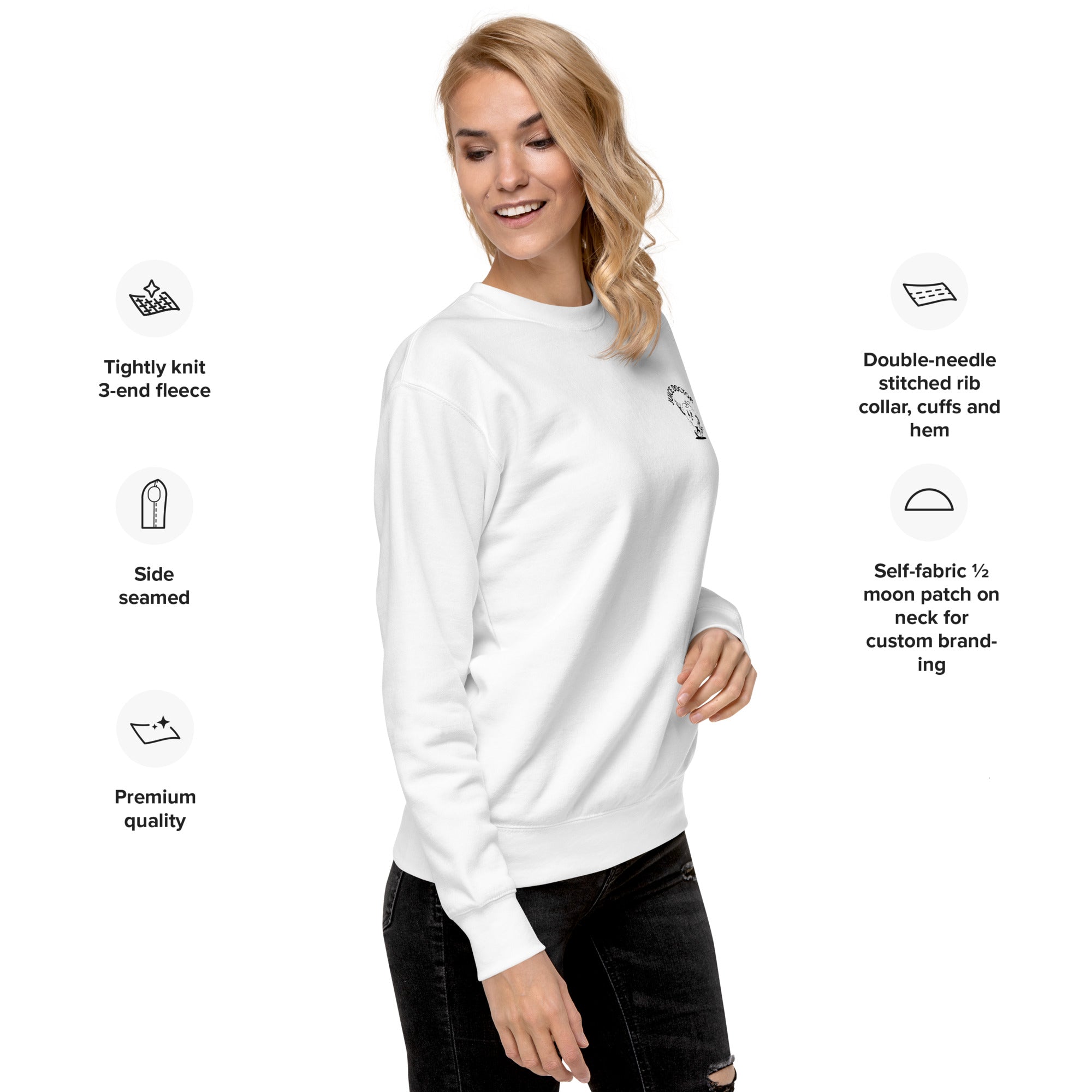 Model wearing white Juice Doctor unisex premium sweatshirt with black embroidered logo. Features shown: tightly knit fleece, side seams, ribbed cuffs and hem, and self-fabric neck patch for custom branding.