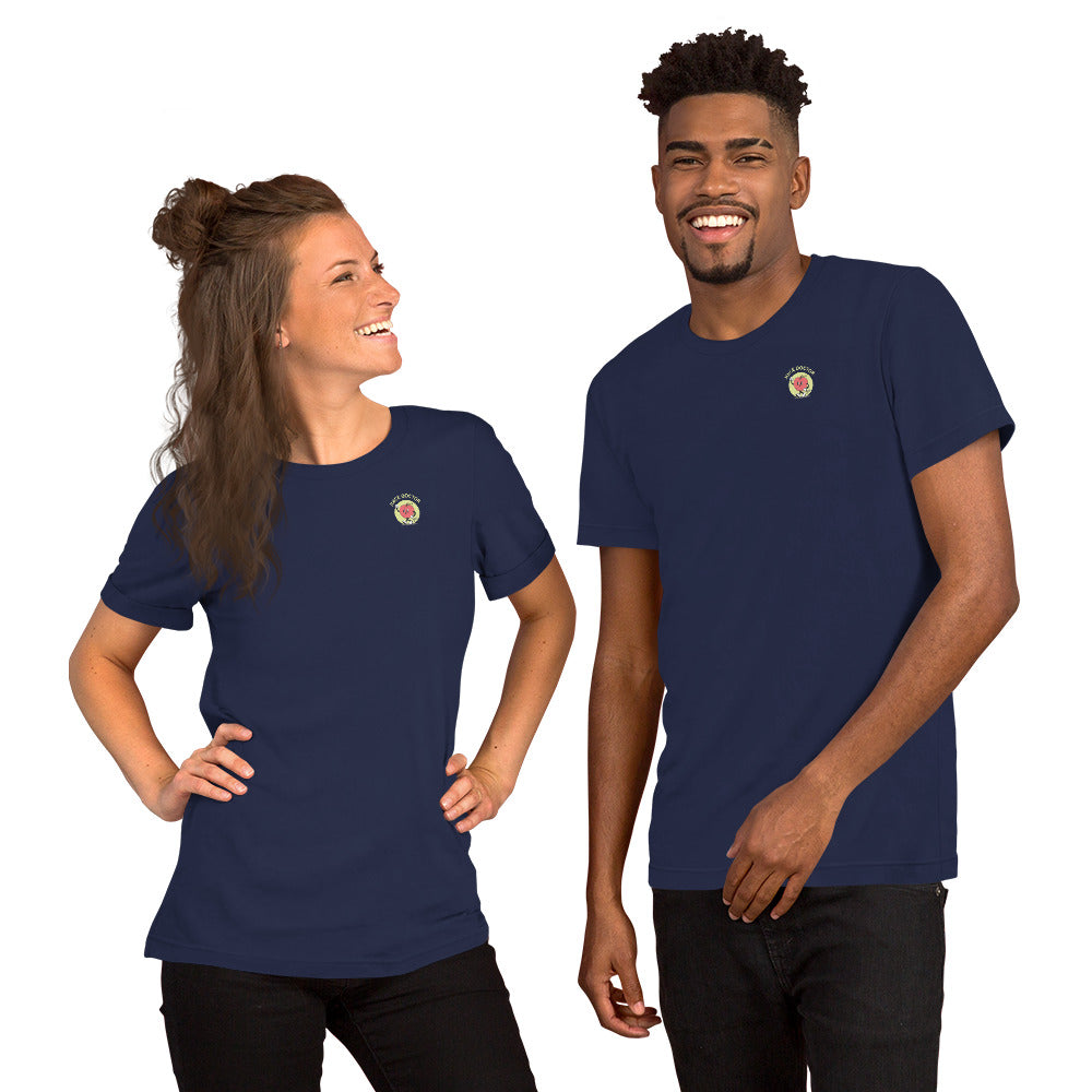 Two models wearing navy Juice Doctor unisex t-shirts with small embroidered chest logo. Soft, casual fit perfect for everyday wear and brand fans.